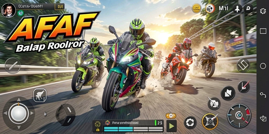 Tangkapan layar gameplay AFAF yang menampilkan aksi balap motor yang seru.