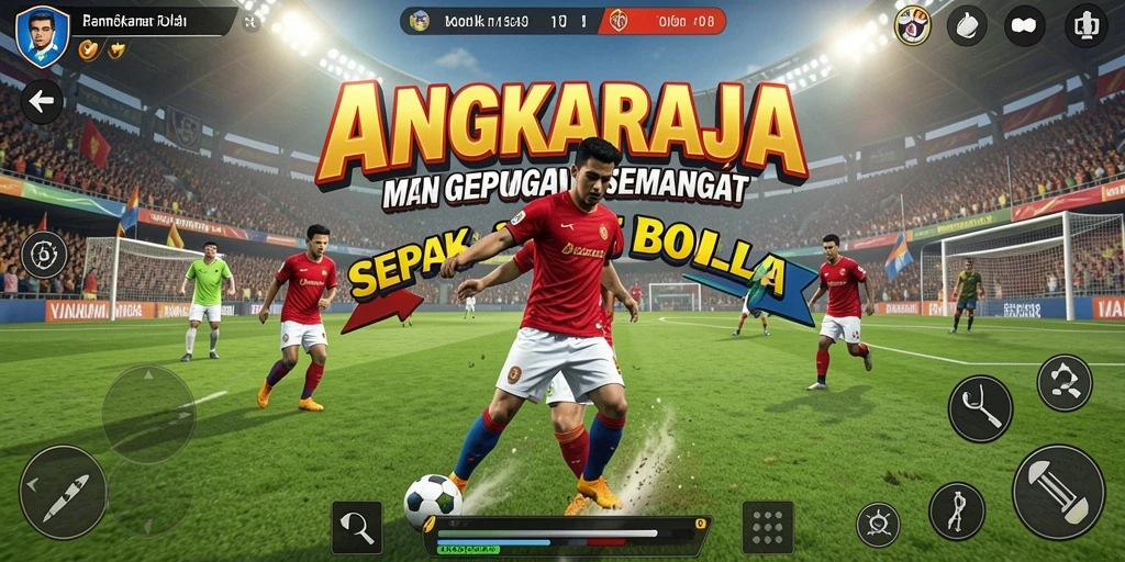 Screenshot gameplay <strong>ANGKARAJA</strong> menampilkan aksi pertandingan sepak bola.