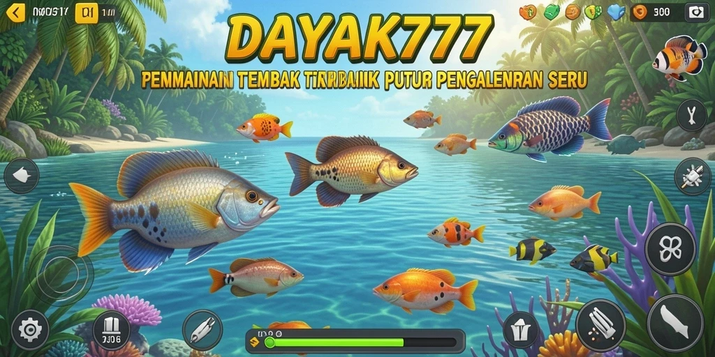 Screenshot permainan DAYAK777 menunjukkan aksi seru menangkap ikan.