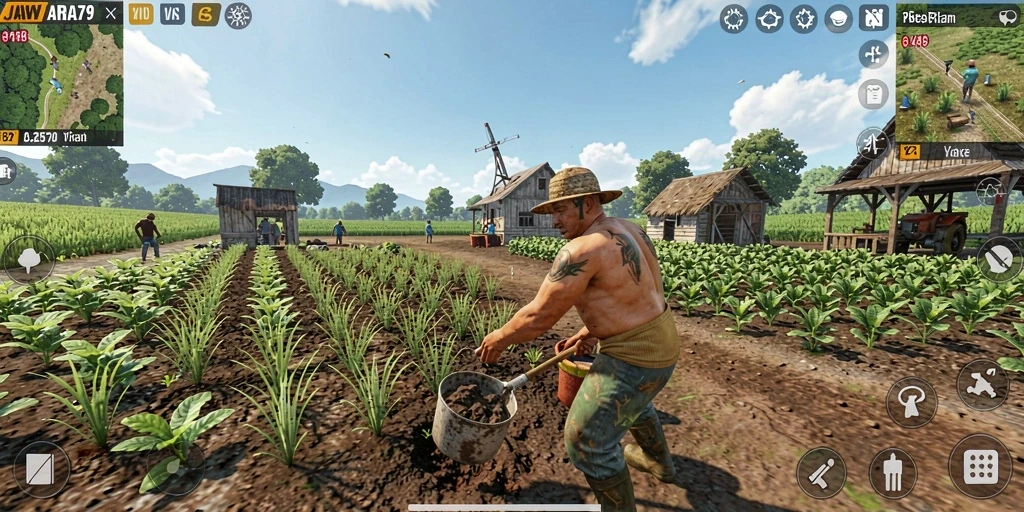 Tampilan gameplay JAWARA79 dengan ladang yang subur dan aktivitas bertani.