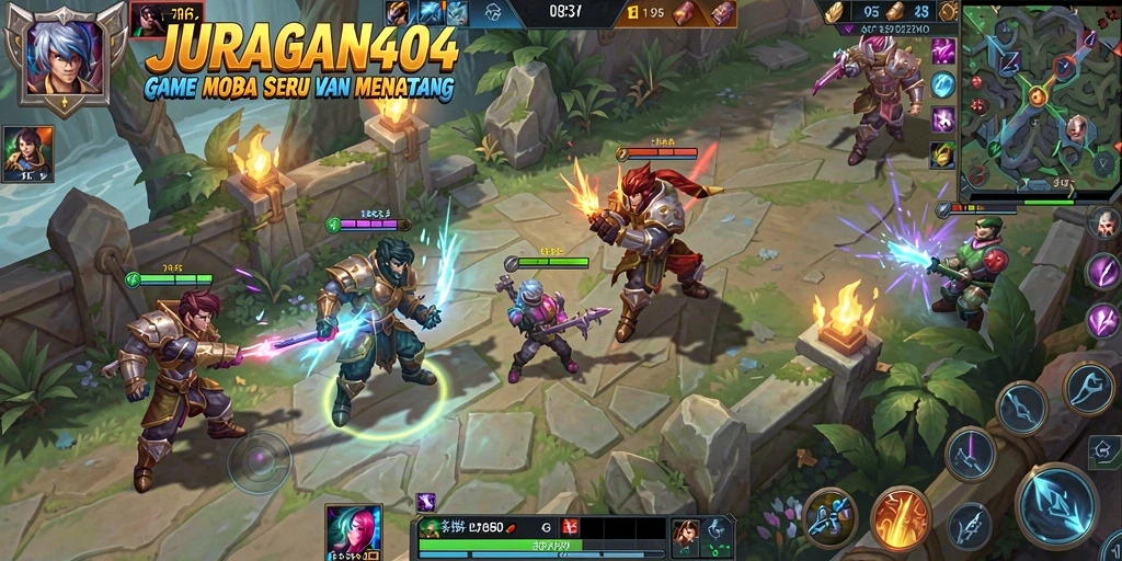 Tampilan gameplay epik dari JURAGAN404 dalam pertempuran tim MOBA.