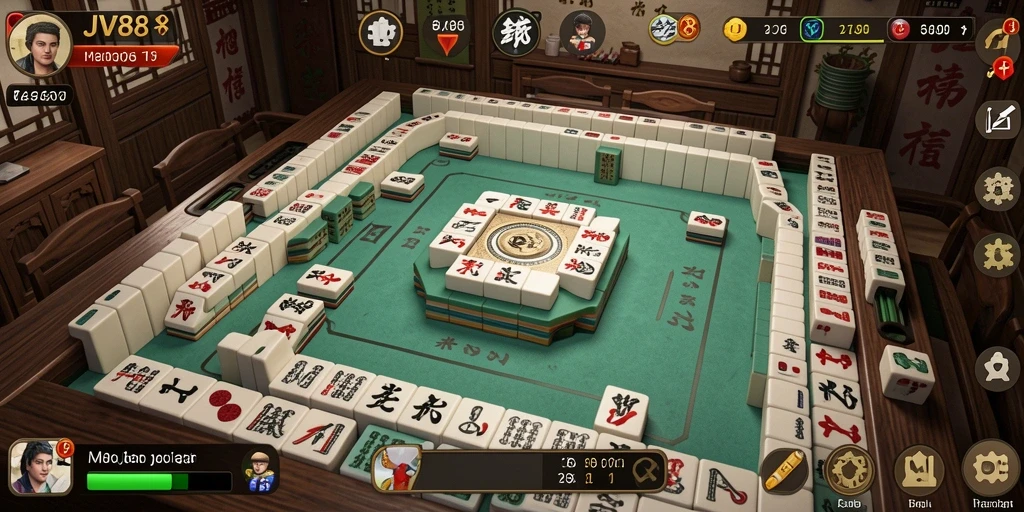 Screenshot gameplay JV88 menampilkan suasana permainan Mahjong yang seru.