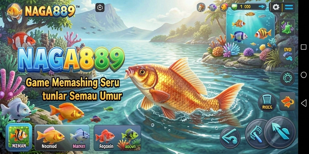 Tampilan gameplay <strong>NAGA889</strong> dengan aksi memancing yang seru dan beragam ikan.