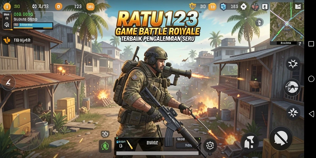 Tangkapan layar utama RATU123 menampilkan aksi pertempuran seru di arena Battle Royale.