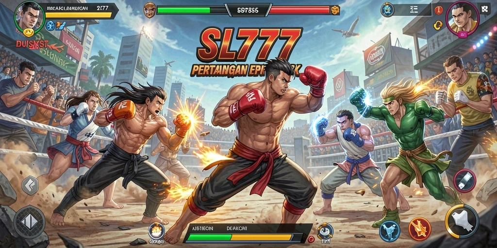Screenshot gameplay SL777 yang menunjukkan pertarungan epik dan karakter unik.