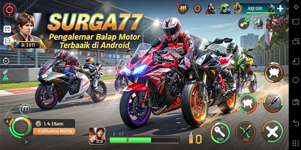 Screenshot gameplay <strong>SURGA77</strong> yang menampilkan aksi balap motor yang mendebarkan.